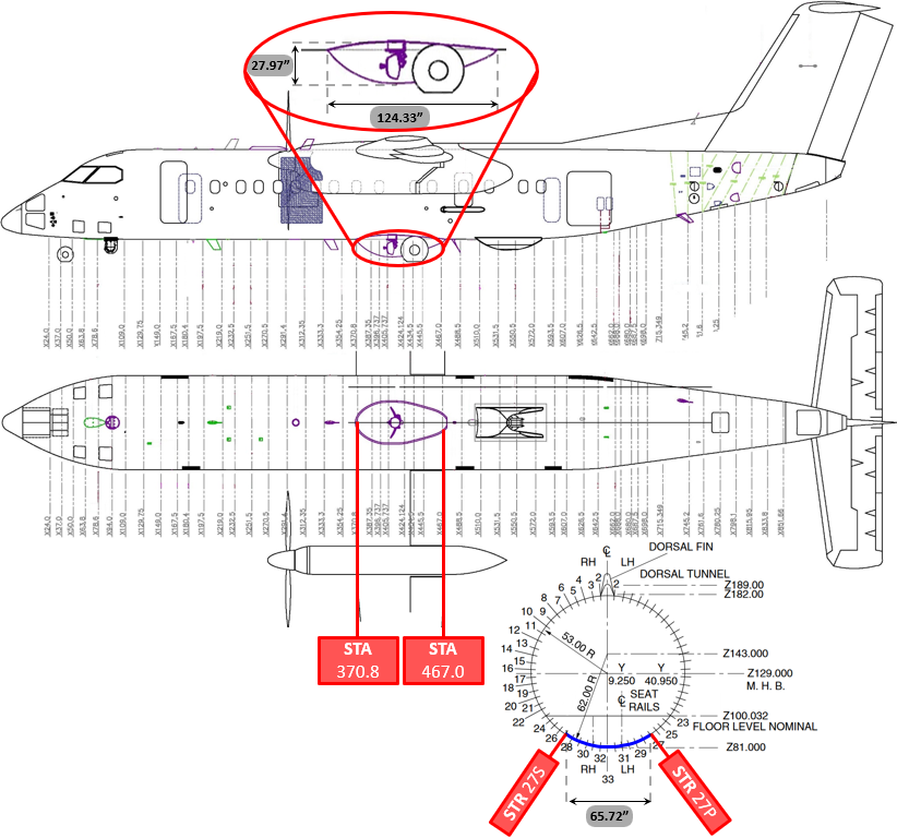 Aircraft station diagram with radome installation location and dimensions
