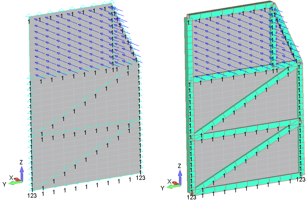 Finite-element idealization of the forward side skin panel with surrounding tube-frame beam elements and boundary-condition symbols.